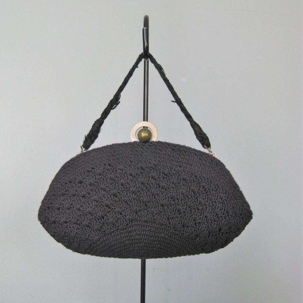 Vintage 1940s Black Crochet Reticule Handbag